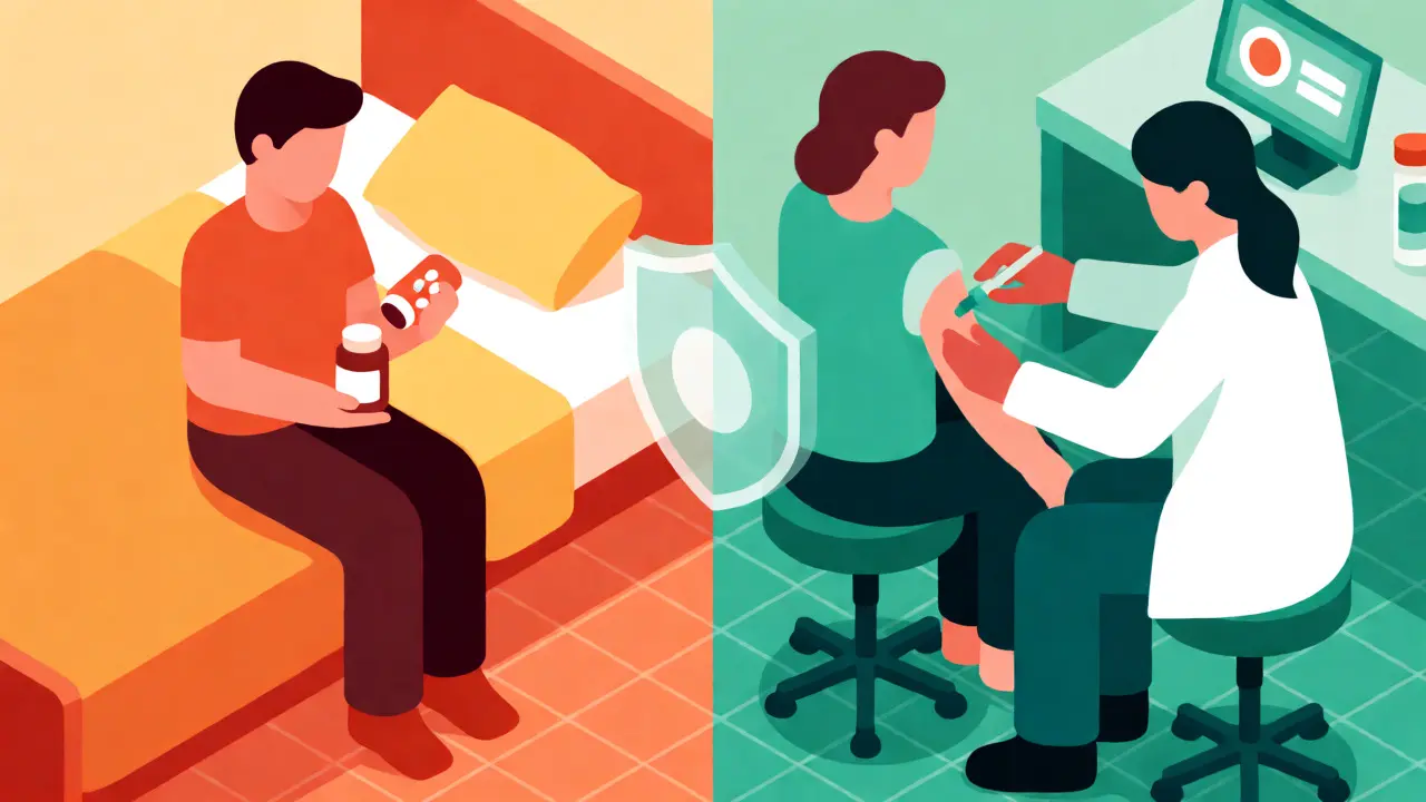 Isometric illustration comparing oral medication and injection treatments for STIs.
